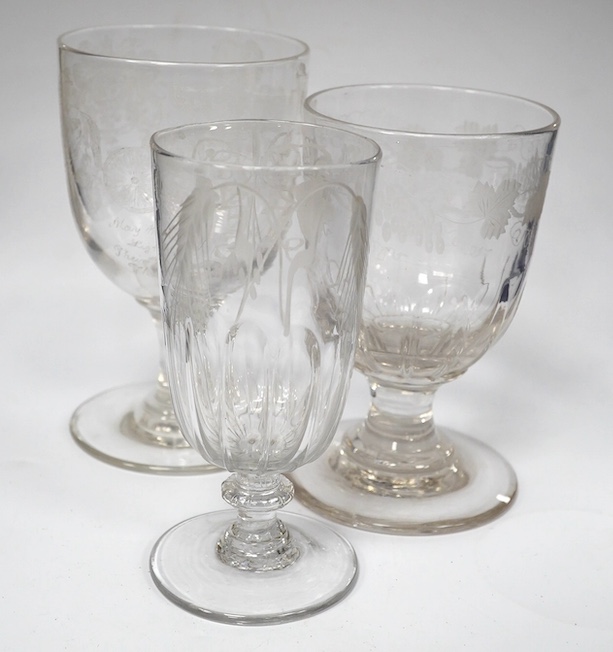 A diamond point engraved commemorative goblet, with the design of the Royal coat of arms, Prince of Wales feathers, horses, riders and a poem, inscribed ‘D.Coghill 1881’ together with a wheel engraved graved rummer, insc